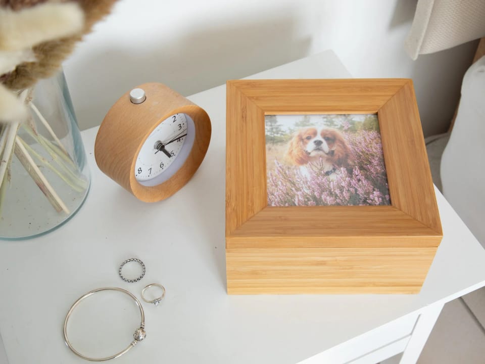 A Tribute Box casket on a bedside table, with a photograph set into the lid