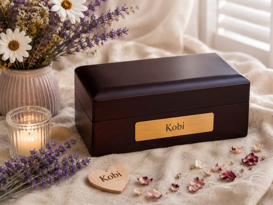A dark Eden casket with a personalised engraved brass nameplate