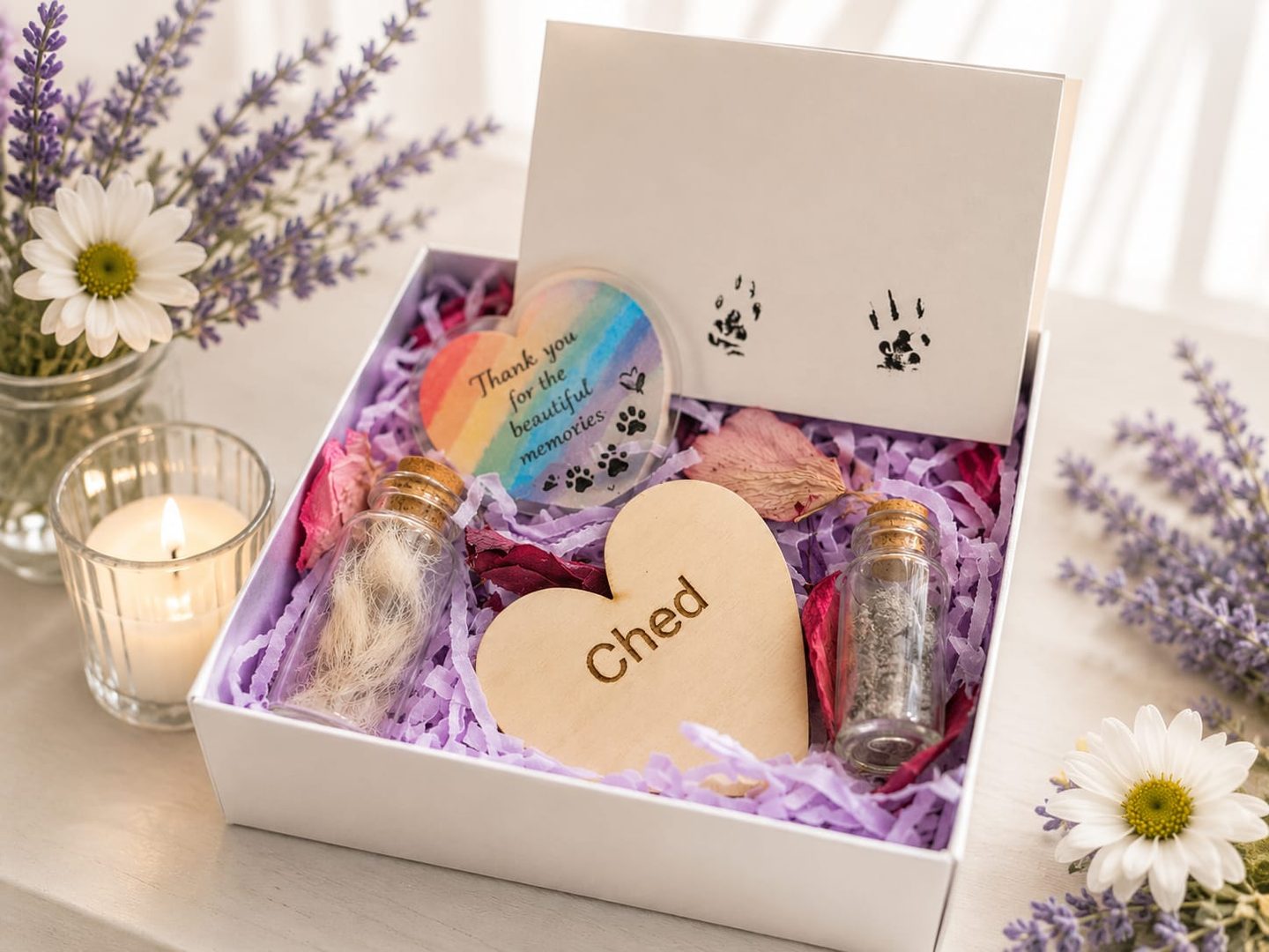 A personalised Remembrance Box, with an engraved wooden heart and keepsake vials